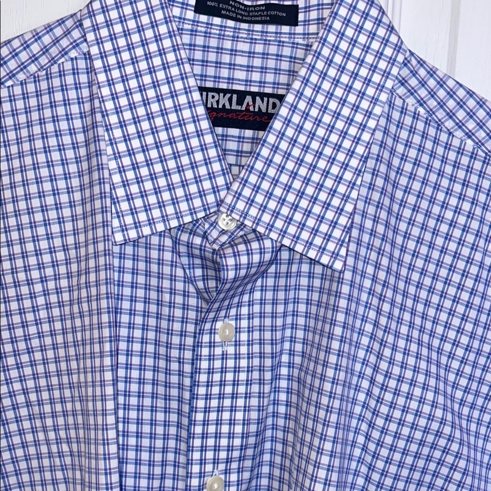 Kirkland Signature Blue and White ,Violet Micro-Check Dress Shirt